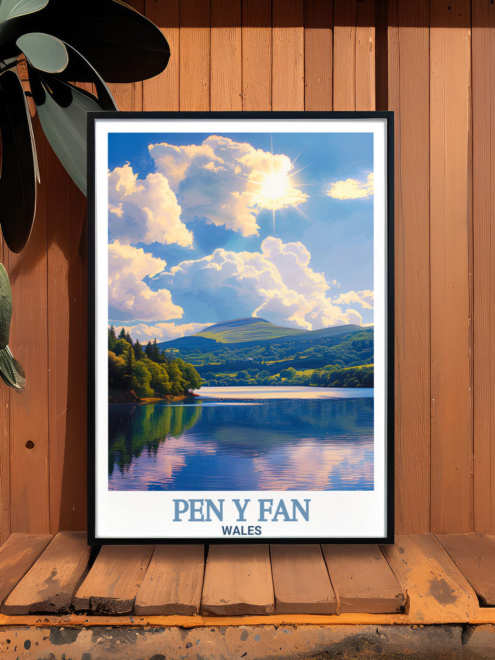 Pen y Fan Wall Poster showcasing the rugged beauty of Wales highest peak and the serene Pontsticill Reservoir. This travel poster brings the stunning scenery of Brecon Beacons National Park into your home, ideal for outdoor enthusiasts.