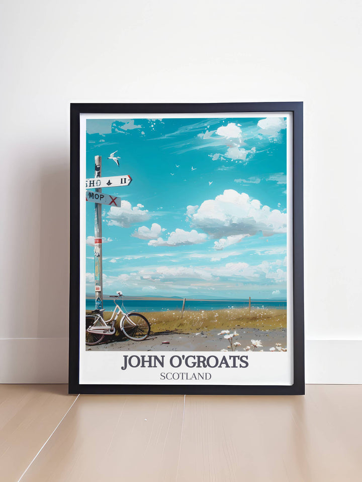 Celebrate your cycling achievements with John O Groats Signpost prints. This stunning art captures the spirit of Scotland cycling and the endurance required for the End to End Bike Ride. Ideal for any cyclists home or office space.