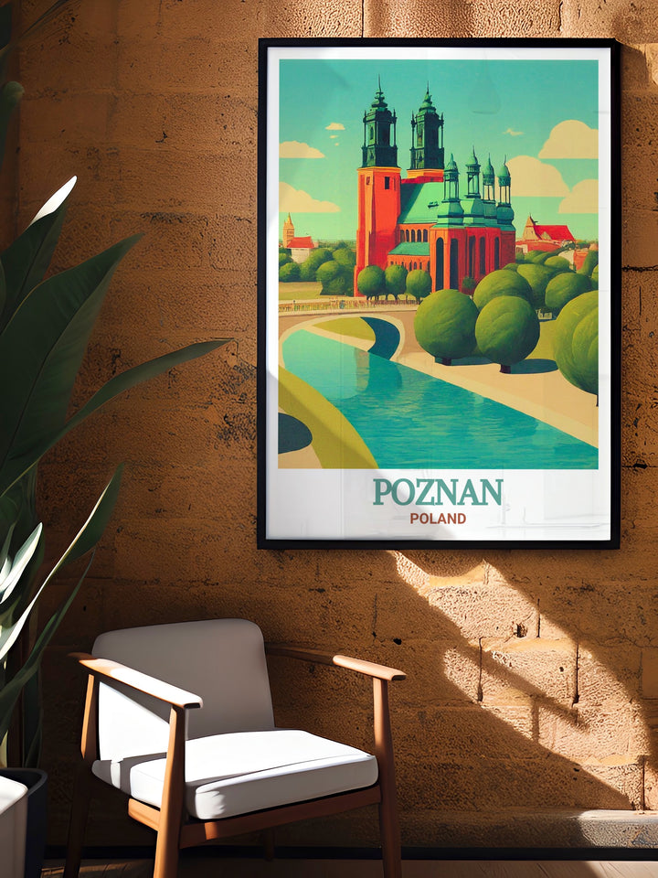 Cathedral Island modern decor captures the essence of Poznan with its detailed artwork making it a perfect travel gift or wall art piece for anyone seeking to add a touch of Polish history and elegance to their living space.