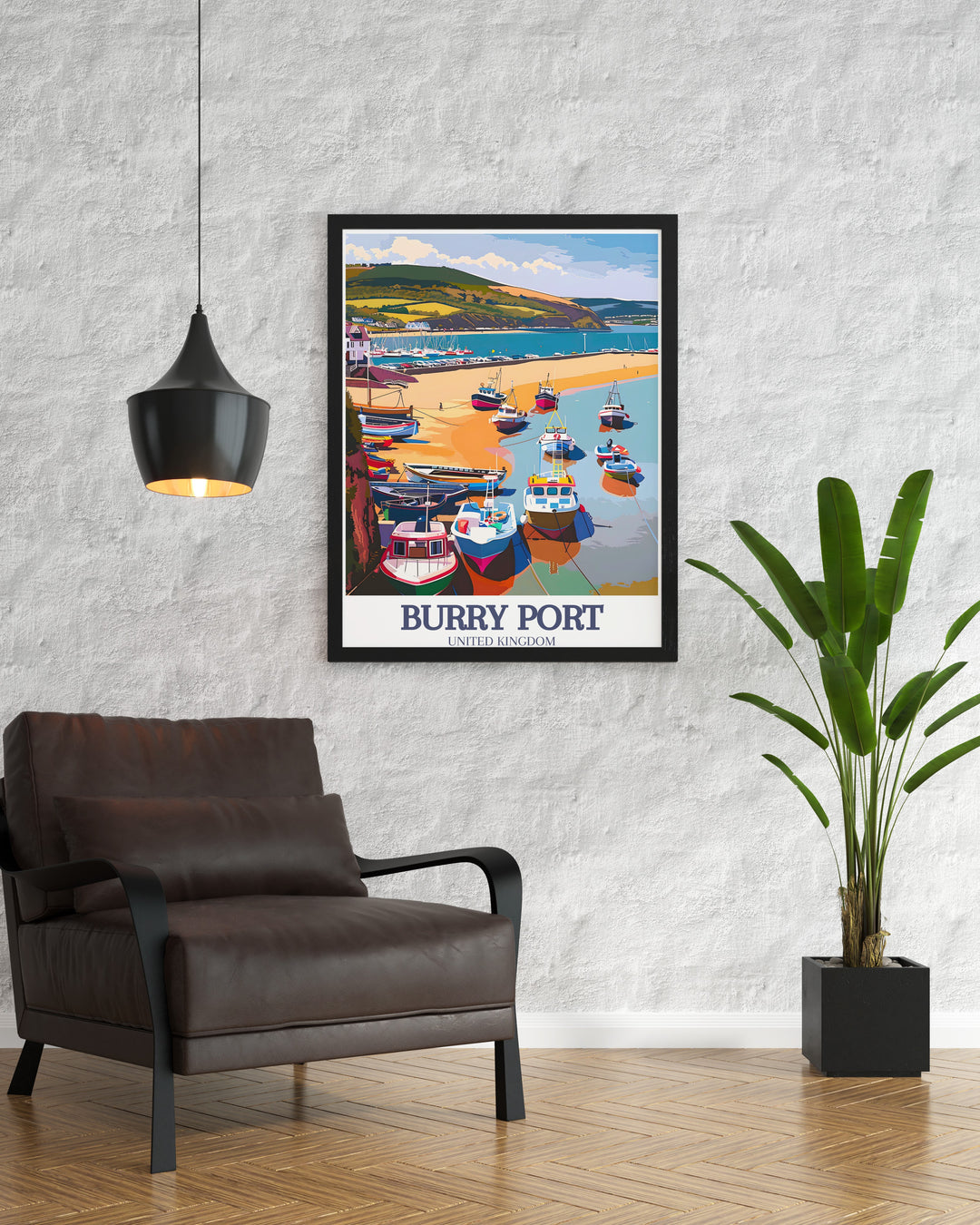 Burry Port print depicting the peaceful coastal town in Carmarthenshire perfect for adding a touch of Welsh charm to your living space with Pembrey Country Park and Burry Port harbor modern decor