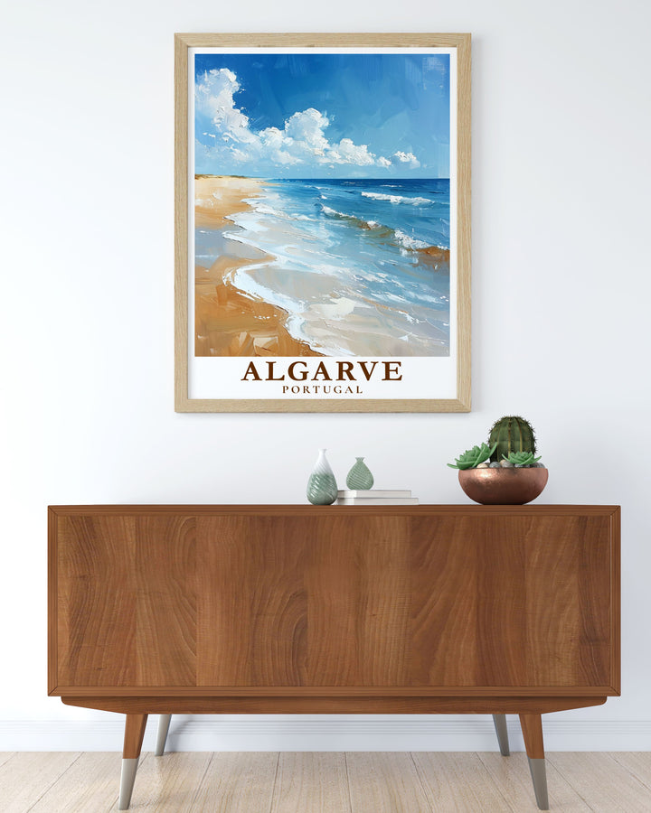 Featuring Algarve Beach in Portugal, this art print highlights the golden sands and serene ocean views, making it an ideal piece for beach lovers and coastal decor enthusiasts.
