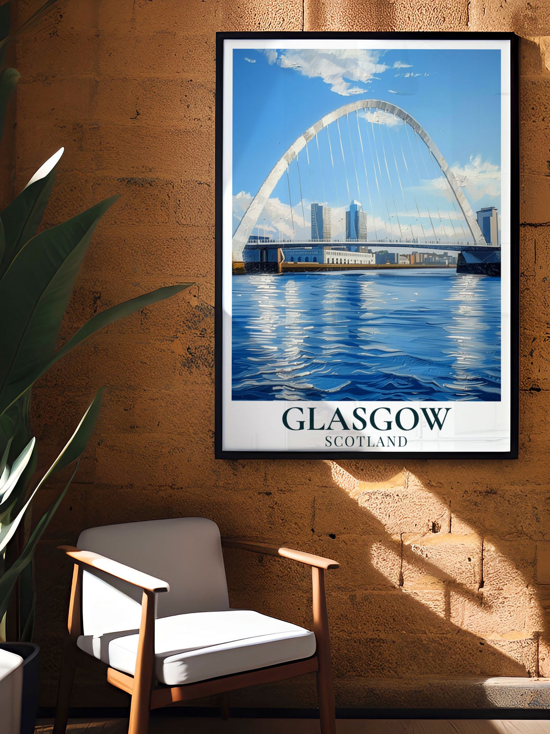 Elegant The Clyde Arc art print capturing the intricate details of this modern structure. Ideal for adding a sophisticated touch to any room and celebrating Glasgows architectural charm.