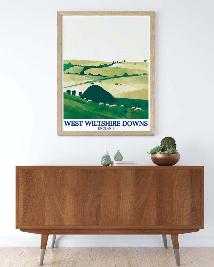 National park print of Silbury Hill and Avebury Henge showcasing the natural beauty of Cranborne Chase AONB ideal for those who love hiking and exploring historical landmarks