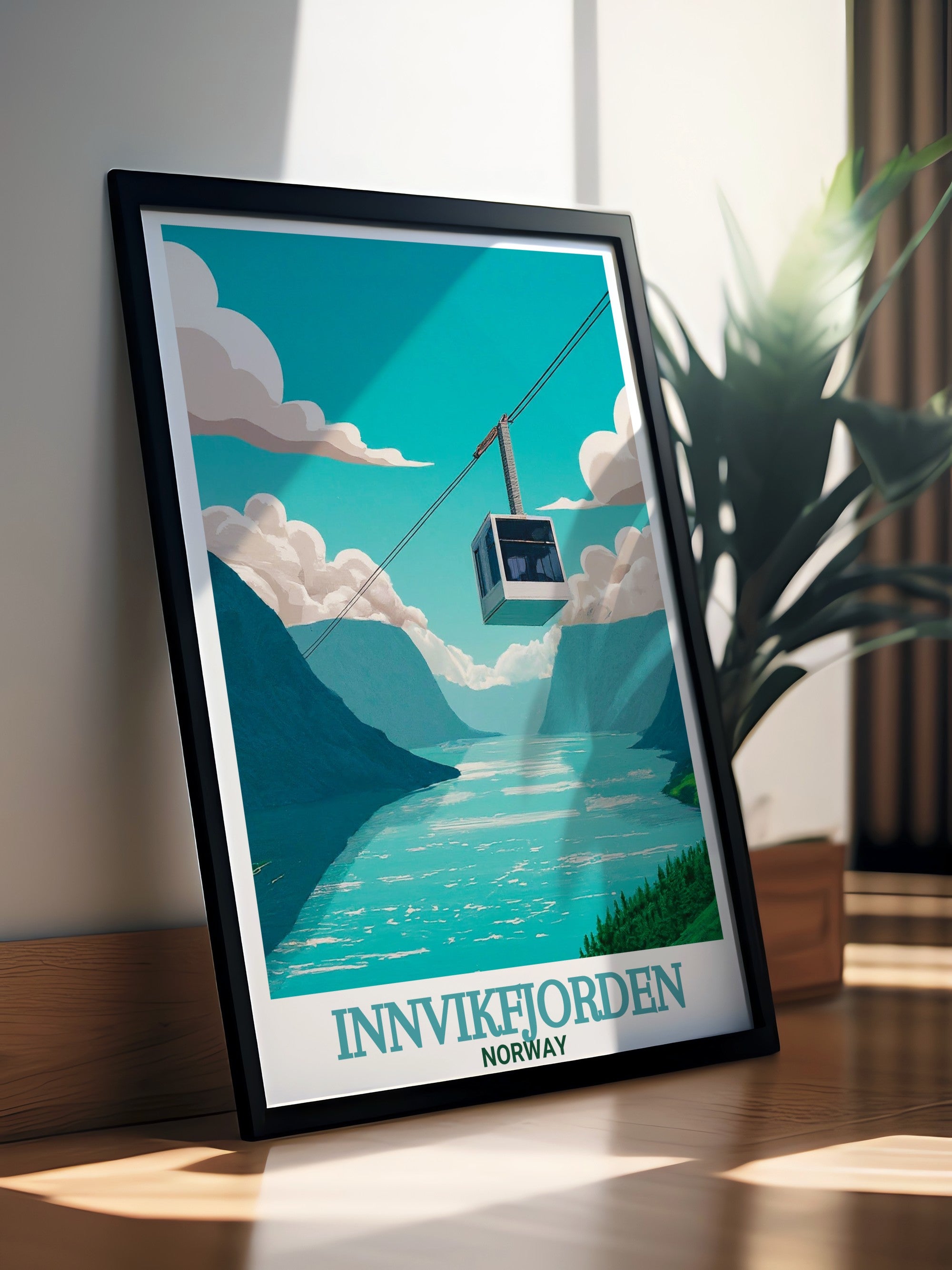 Loen Skylift Norway art print showcasing scenic cable car mountain landmark with panoramic Alpine vistas and dramatic landscape, adventure travel poster perfect for inspiring living rooms and Norwegian heritage home decoration