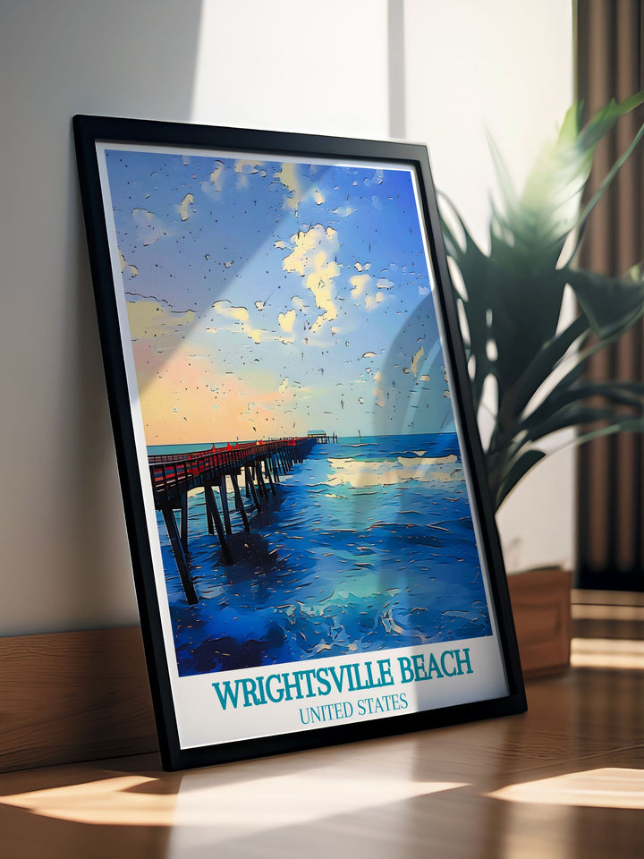 Wrightsville Beach Art Print with Johnnie Mercers Pier brings a touch of coastal beauty to your living space. This city art print features a soothing color palette and a vintage poster design that enhances any room with its timeless and tranquil appeal.