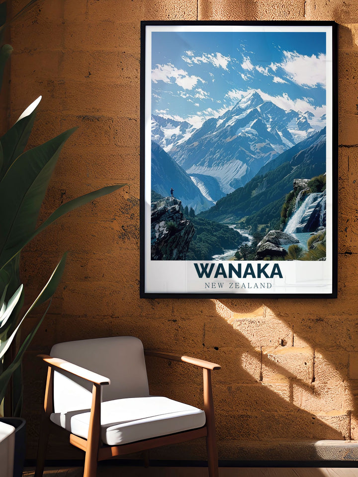 Elevate your decor with this stunning Wanaka art print featuring Mount Aspiring National Park The rich colors and intricate details make this artwork an eye catching addition to any room and a perfect way to bring the beauty of New Zealands landscapes into your home