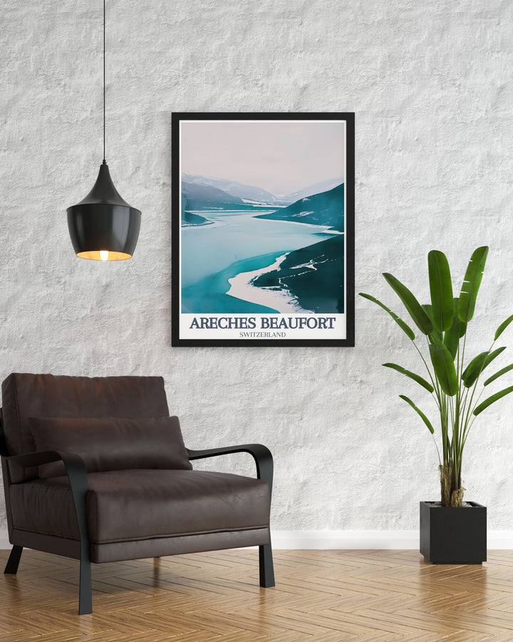 Areches Beaufort and Le Planay Lac de Roselend wall art offers a stunning depiction of the French Alps in a vintage skiing style A perfect addition to your home this retro ski poster celebrates the timeless beauty of alpine resorts