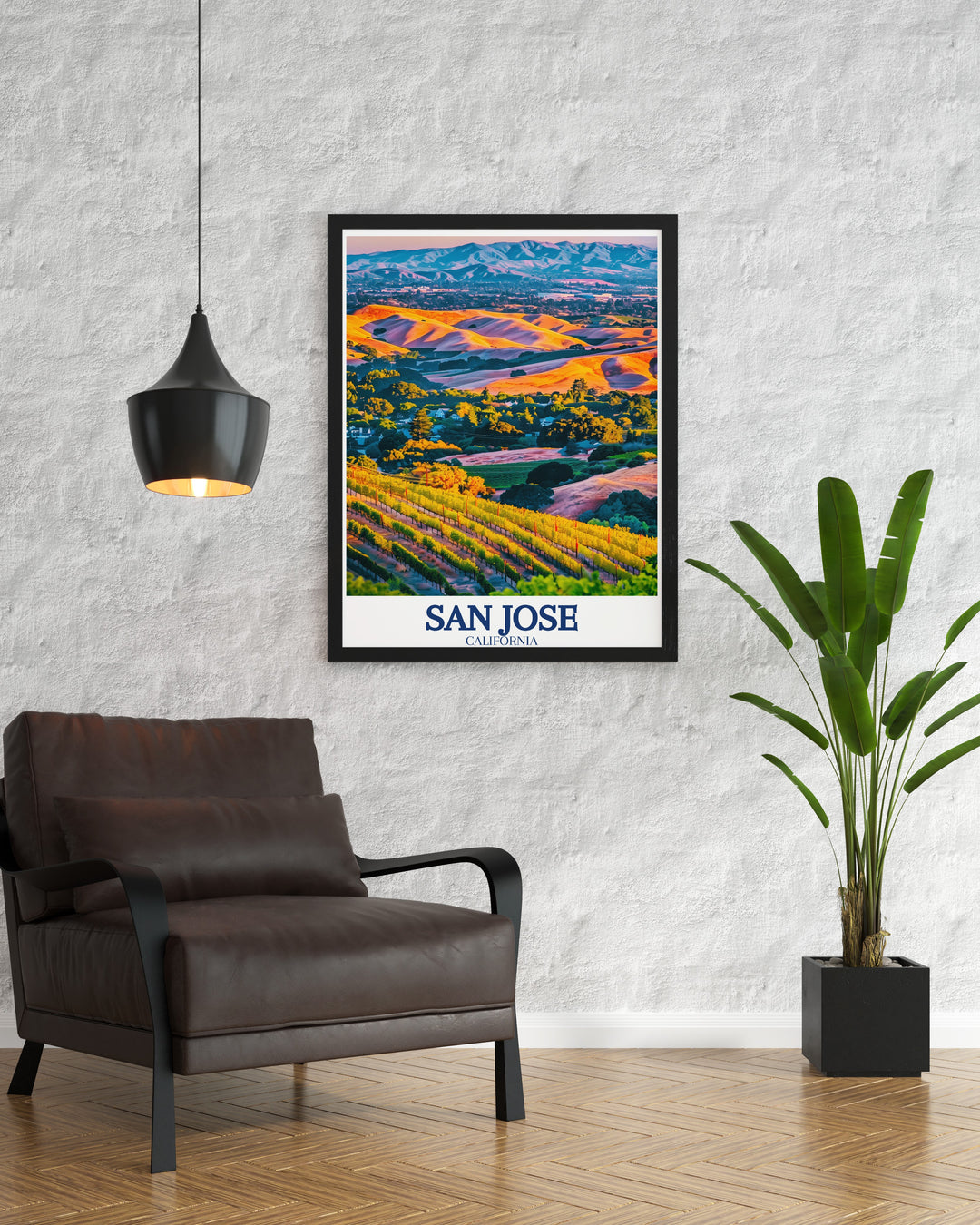 This poster print of San Jose showcases the beauty of Californias Silicon Valley, including the serene Almaden Valley and the towering Santa Cruz Mountains. Perfect for those who love Californias diverse landscapes, this art print brings urban and natural elements into harmony.