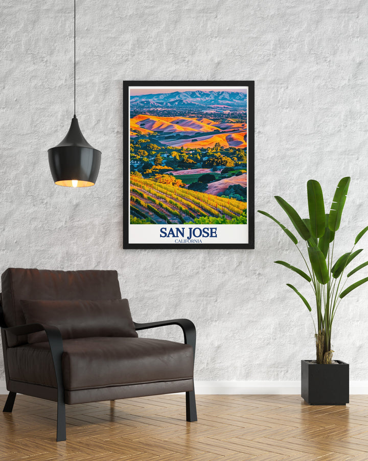 This poster print of San Jose showcases the beauty of Californias Silicon Valley, including the serene Almaden Valley and the towering Santa Cruz Mountains. Perfect for those who love Californias diverse landscapes, this art print brings urban and natural elements into harmony.