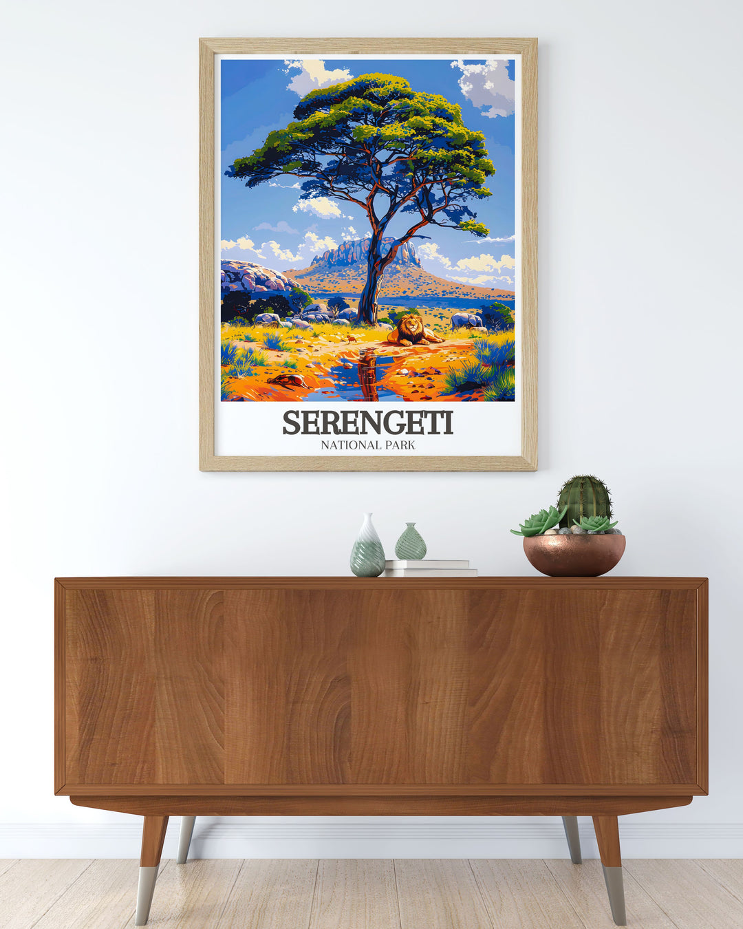 Vintage travel print of Acacia tree Wildlife savanna showcasing the vibrant colors and majestic scenery of Serengeti Africa a beautiful addition to any room