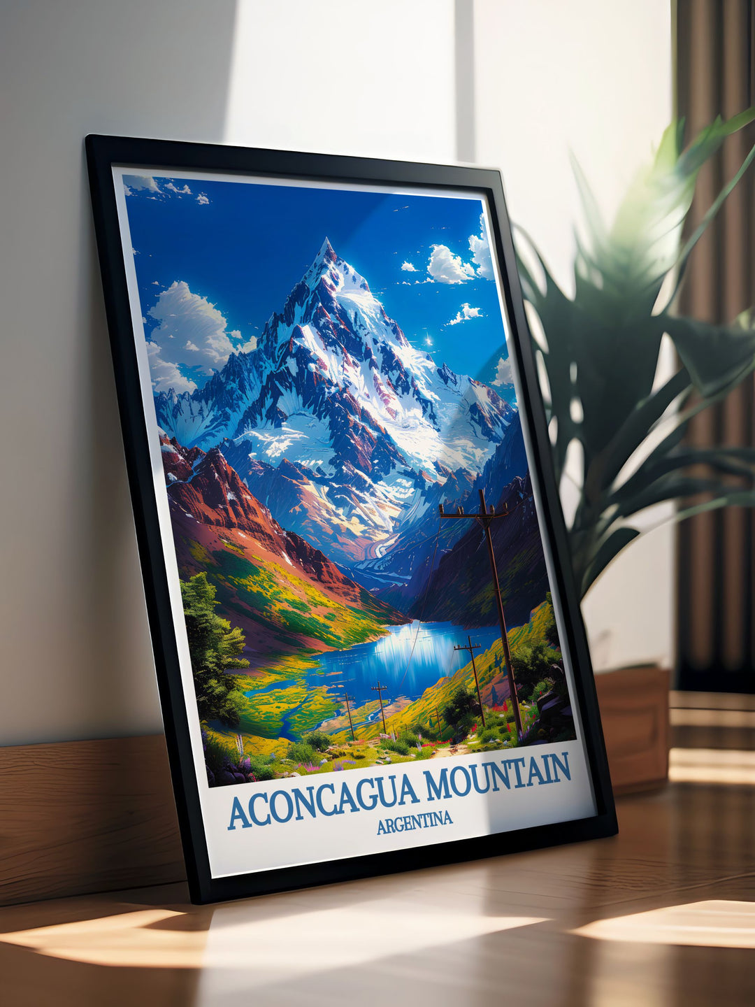 A stunning retro travel poster of Aconcagua Mountain showcasing the majestic peaks of Mendoza Argentina and the Andes a must have for mountain lovers.