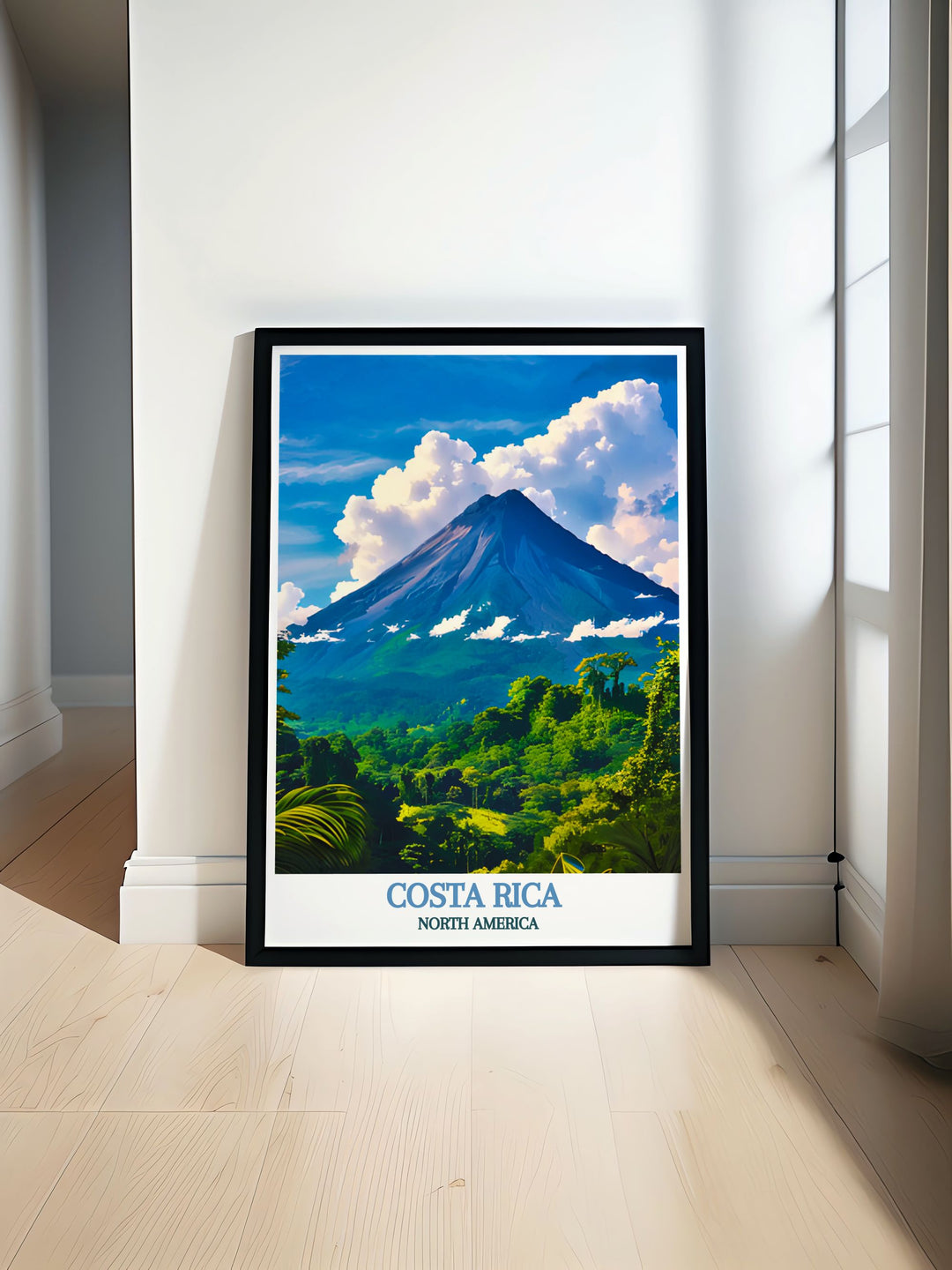 Marvel at the awe inspiring beauty of Arenal Volcano with this travel poster, capturing its majestic peak and lush surroundings, perfect for bringing the power of Costa Ricas landscapes into your home decor.