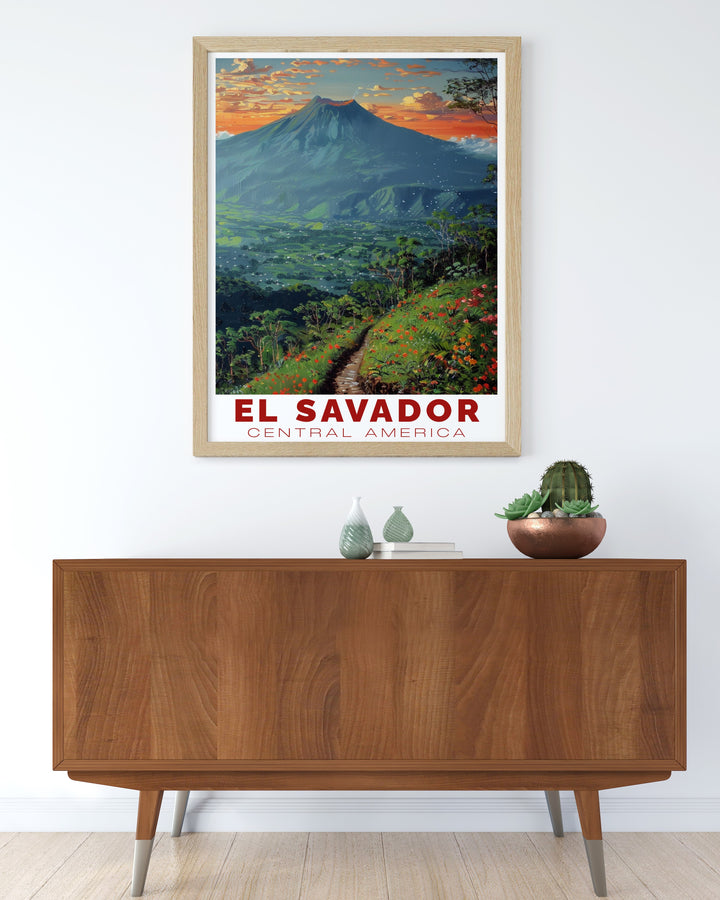 Featuring the famous San Salvador Volcano and El Boquerón National Park, this travel poster showcases the stunning landscapes of El Salvador. Ideal for nature lovers, the detailed artwork captures the lush greenery and towering cliffs that define this Central American gem.