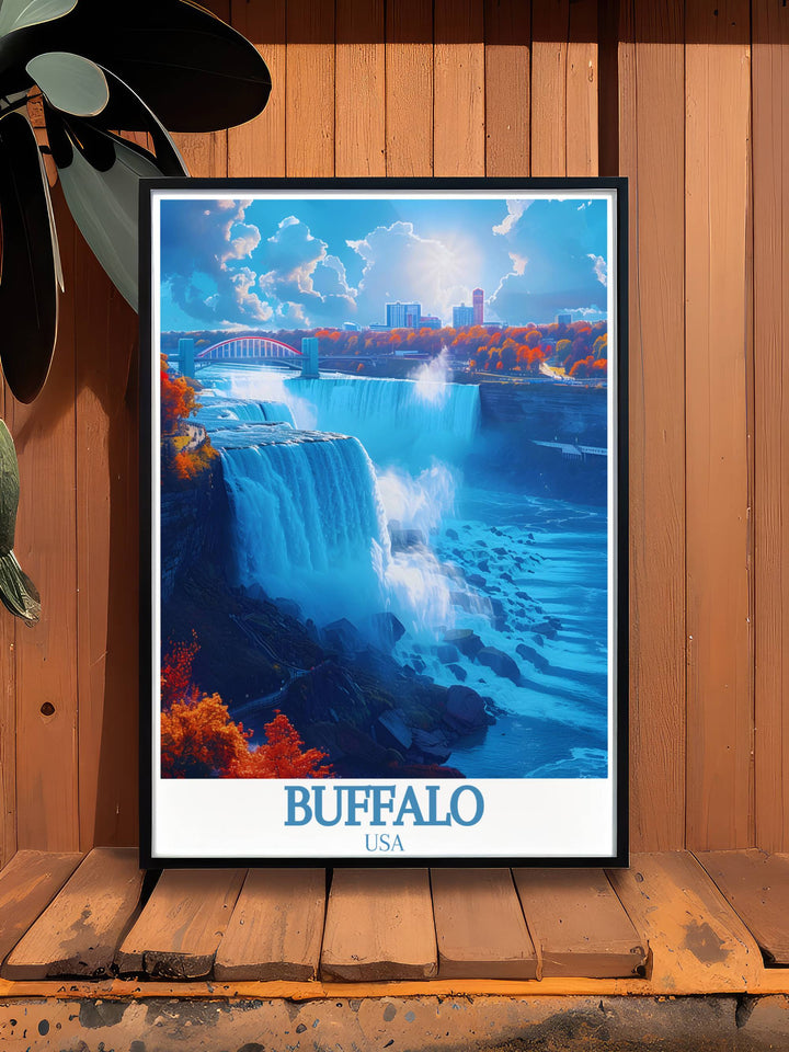 Vintage poster of Buffalo Bills and Highmark Stadium with a backdrop of Niangara Falls capturing the spirit of New York NFL history