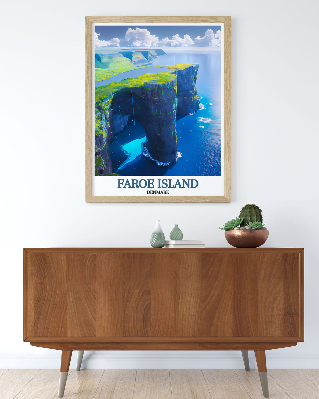 The serene beauty and surreal optical illusion of Sørvágsvatn are captured in this art print, perfect for adding a touch of the Faroe Islands charm to your home.