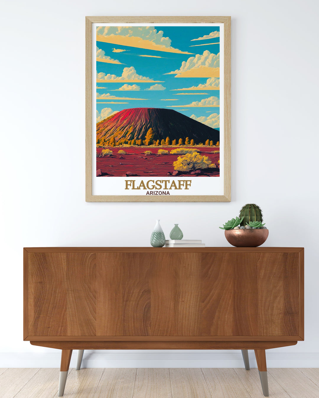 Flagstaff Arizona wall art highlights the imposing presence of Sunset Crater, a geological wonder that stands as a testament to the areas dynamic natural history. This travel poster is perfect for lovers of the outdoors and those fascinated by volcanic landscapes.