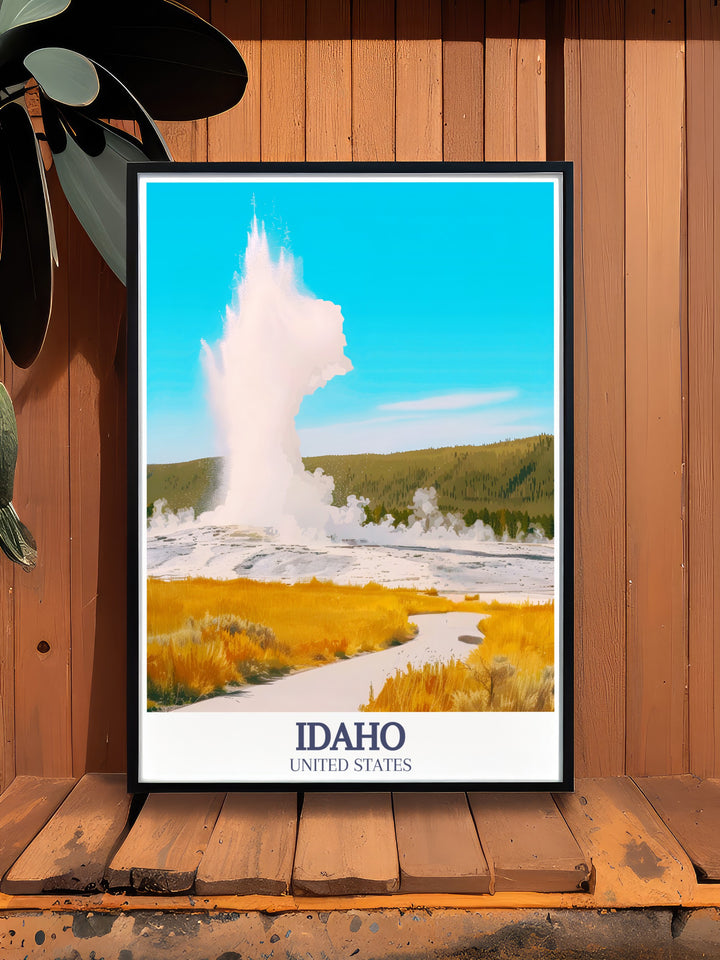 Highlighting Old Faithful Geyser in Yellowstone, this Idaho travel poster celebrates the beauty of one of the most visited natural landmarks. Perfect for lovers of the outdoors, this poster is a striking addition to any art collection.