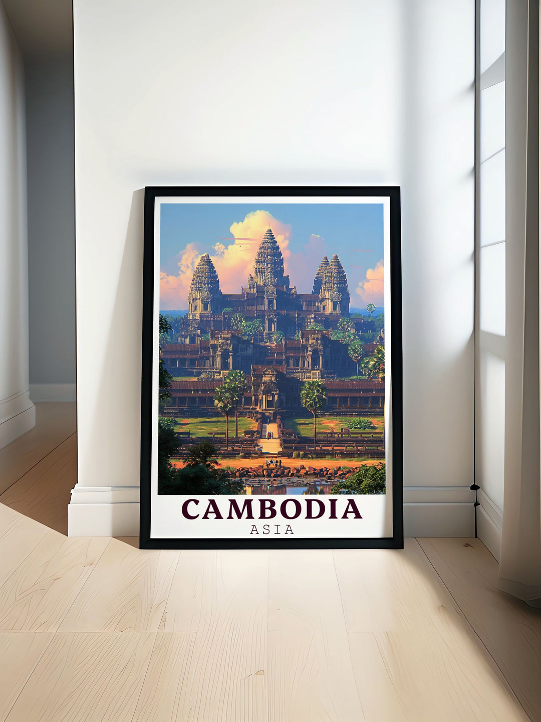 Angkor Wat travel poster showcasing the stunning architecture of Cambodia with intricate details and a captivating black and white design perfect for any home decor.
