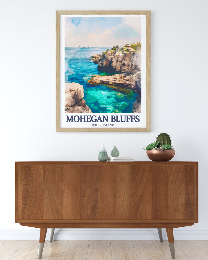 Celebrate the stunning cliffs of Mohegan Bluffs and the sandy shores of Block Island with this vibrant travel print. Ideal for Rhode Island beach lovers, this vintage poster brings the peaceful beauty of the Bluffs into your home, making it a perfect addition to any décor.