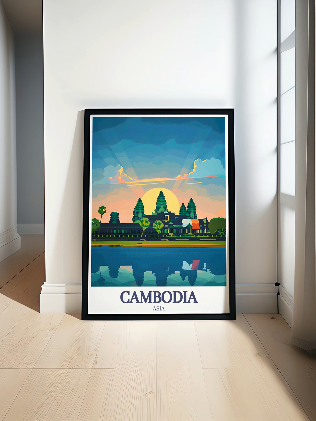Angkor Wat Khmer travel poster showcasing the iconic temple in Siem Reap. Perfect for lovers of Southeast Asia and Cambodia wall art. This beautiful illustration highlights the architectural grandeur and historical significance of the Angkor Wat temple.