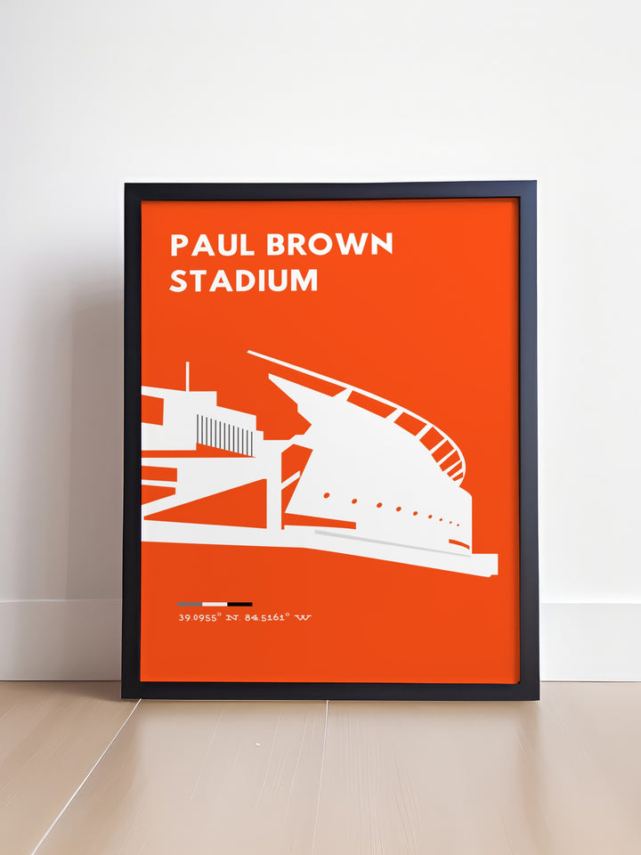 Stunning Bengals wall art featuring Paul Brown Stadium brings a modern touch to your decor with a retro NFL poster style perfect for fans of Joe Burrow Joe Mixon and Tyler Boyd ideal for boys birthday gifts or dads who love the game.