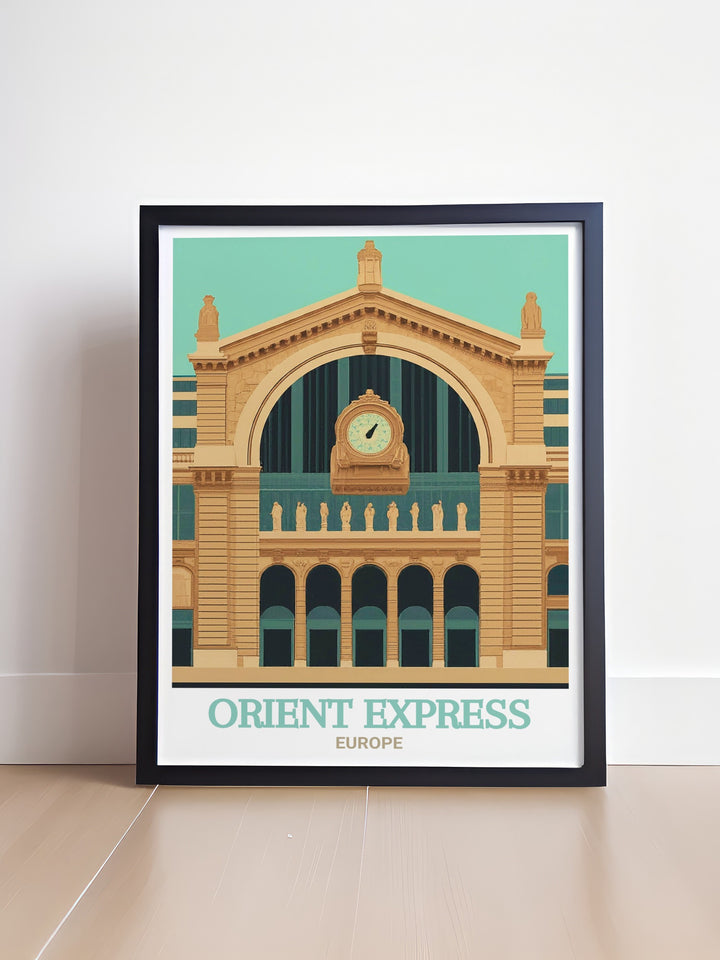 Bring the historic charm of Paris Gare de lEst into your home with this travel poster, featuring the grand architecture and bustling energy of this iconic train station. The artwork captures the essence of Parisian travel, making it a wonderful addition to any space with a European or vintage theme.