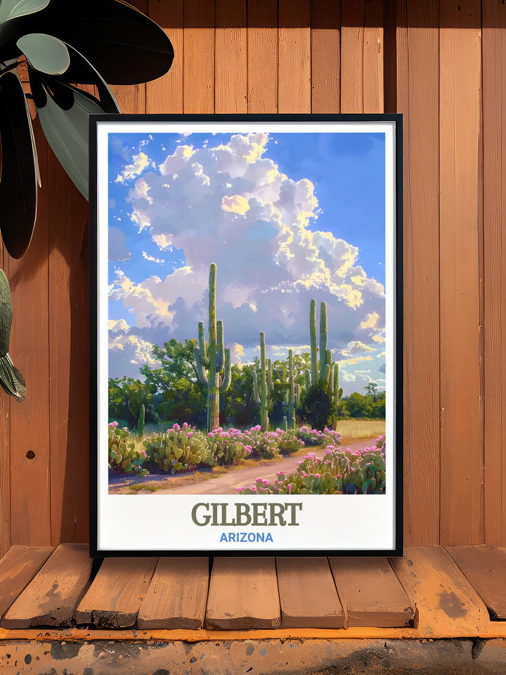 Showcase the beauty of Gilbert, Arizona, with this Riparian Preserve poster. The tranquil scene of the preserve is highlighted in this Arizona travel print, offering a peaceful and calming visual for your home or workspace.