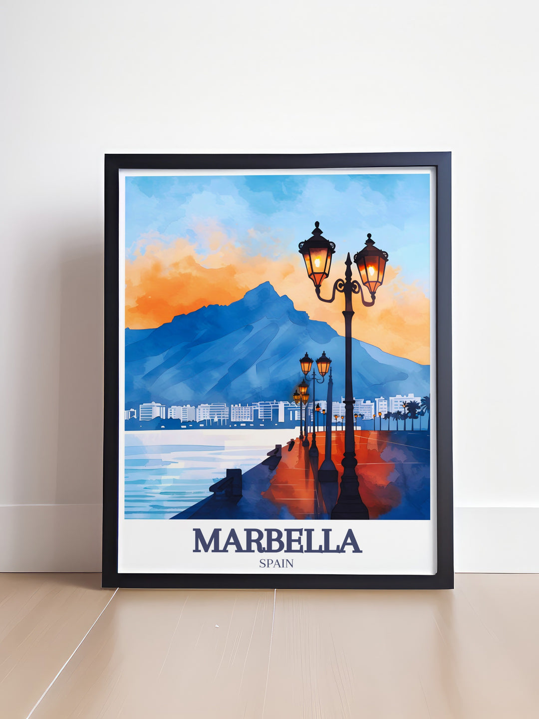 Stunning Marbella poster featuring Paseo Marítimo and La Concha mountain ideal for adding a touch of elegance to any living room decor with its breathtaking views