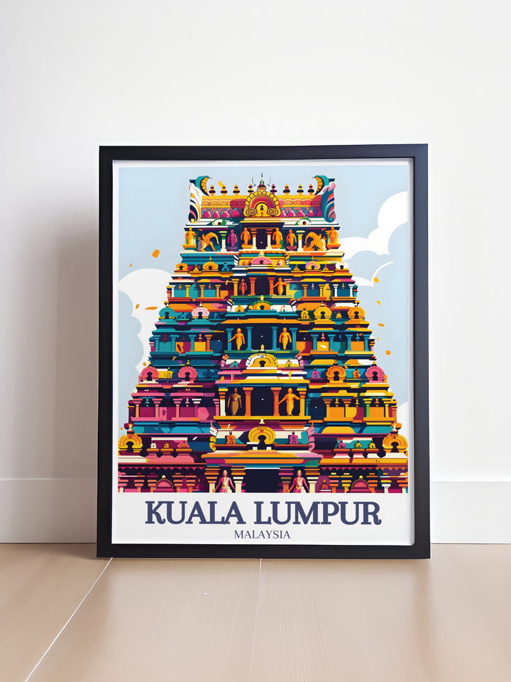 Kuala Lumpur wall poster featuring the intricate details of Sri Maha Mariamman Temple and the busy streets of Jalan Bandar. This travel print offers a unique blend of Kuala Lumpurs historical and contemporary landscapes, ideal for global travelers and art lovers.