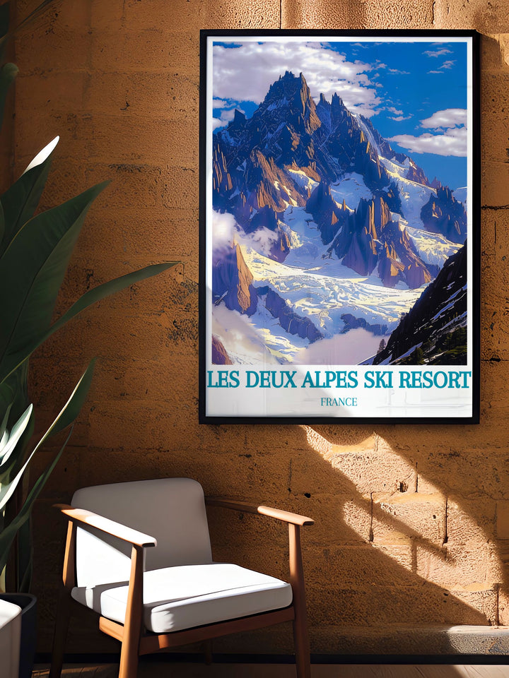 Showcasing both Les Deux Alpes and La Meije Mountain, this travel poster captures the essence of the French Alps winter wonderland, perfect for enhancing your living space with a touch of adventure.