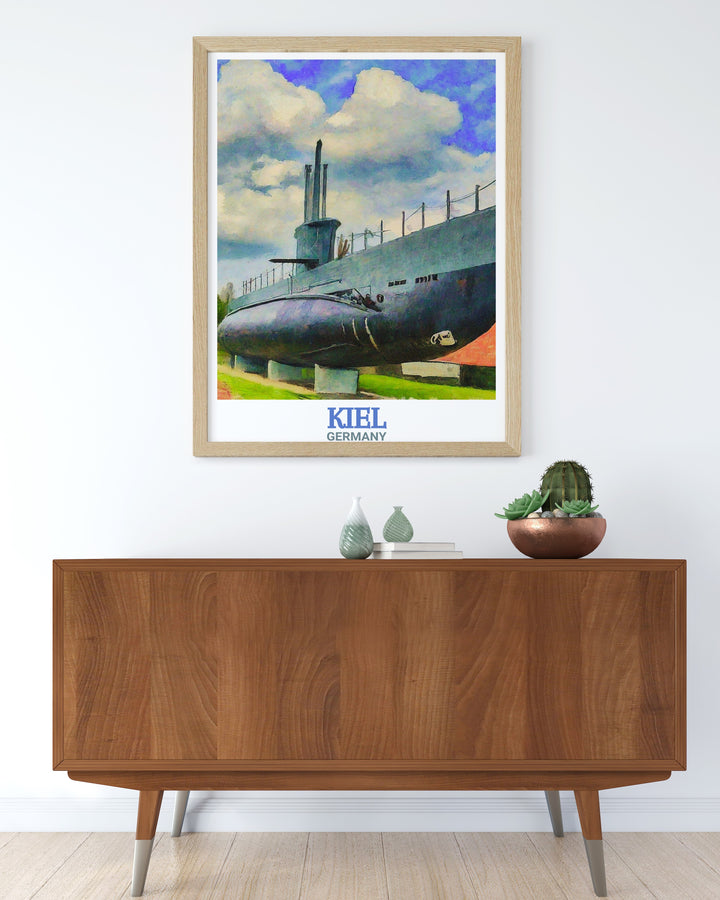 A striking travel print of U Boot U 995 in Kiel, Germany, highlighting the historic submarine with intricate detail. This poster print captures the essence of Germanys naval history and is a perfect addition for history enthusiasts and maritime lovers.