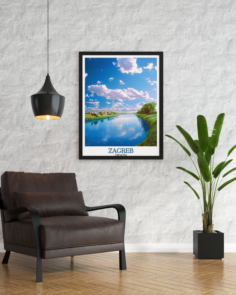 Elegant Sava River framed print capturing the serene beauty of Zagrebs river. Ideal for enhancing home decor or as a unique travel gift.