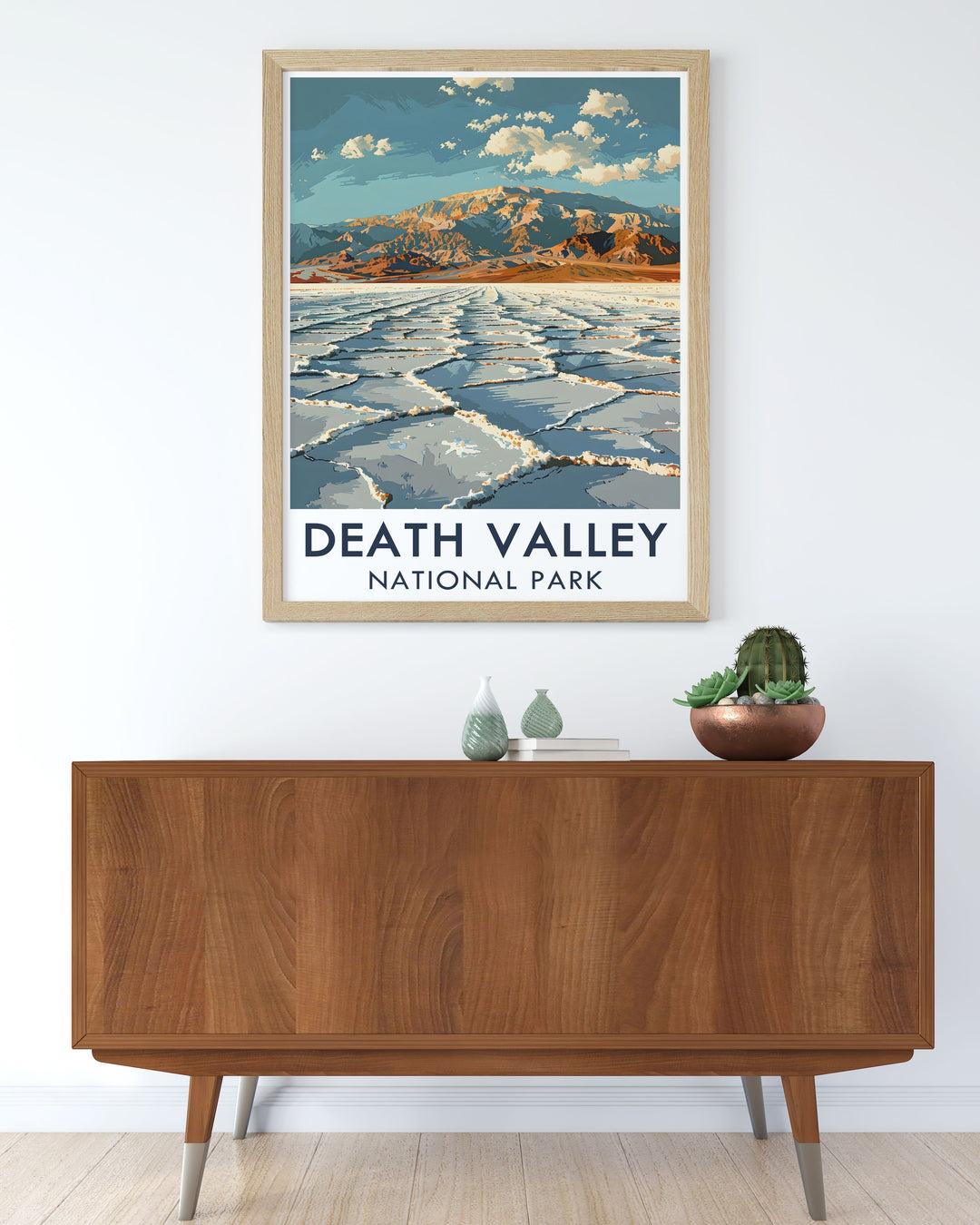 Vintage poster highlighting the stark beauty of Death Valleys desert landscape, featuring the parks iconic salt flats and rugged terrain.