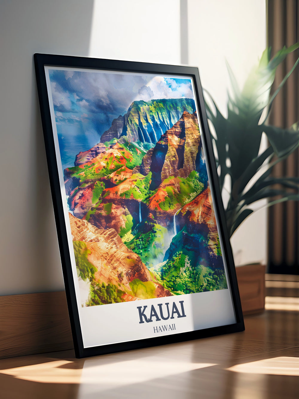 Hawaii wall art with Na Pali Coast and Wailua Falls brings the natural beauty of Kauai into your home. This artwork is a perfect addition to your decor and makes an ideal Hawaii travel gift for any nature lover. Transform your living space with this piece.