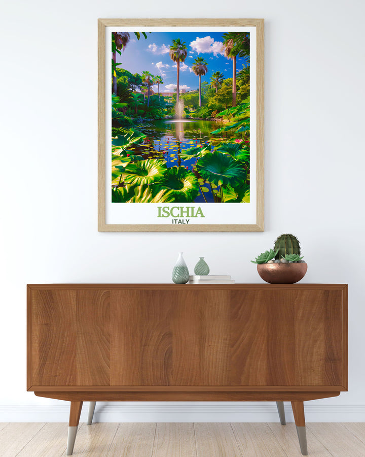 Bring the serene beauty of Ischias La Mortella Gardens into your home with this detailed travel print. Ideal for those who love nature and Italian landscapes, this art piece adds a touch of elegance and color to your living space.