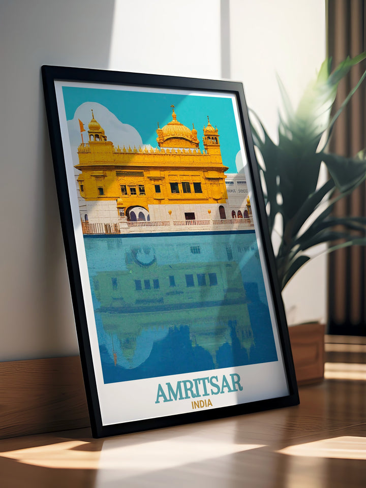 This stunning Amritsar poster print captures the iconic Golden Temple, a symbol of spirituality in India. The travel print beautifully showcases the temples golden façade and peaceful surroundings, making it the perfect addition to your home decor or as a personalized gift for lovers of Indian culture.