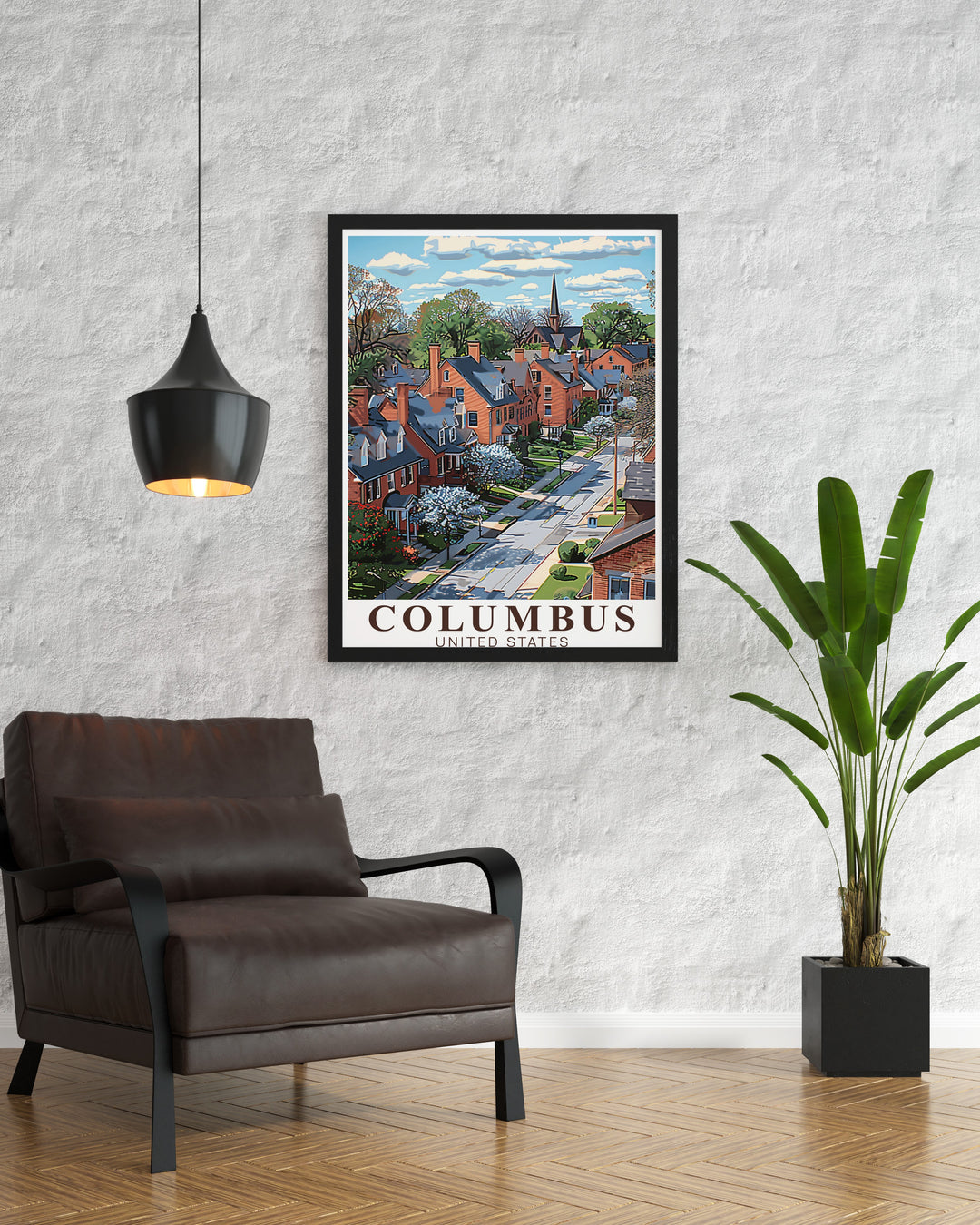 Ohio travel print featuring German Village and Columbus cityscape in a stunning vintage style. This minimalistic artwork is perfect for living room decor and makes a unique personalized gift for anniversaries birthdays or holidays.