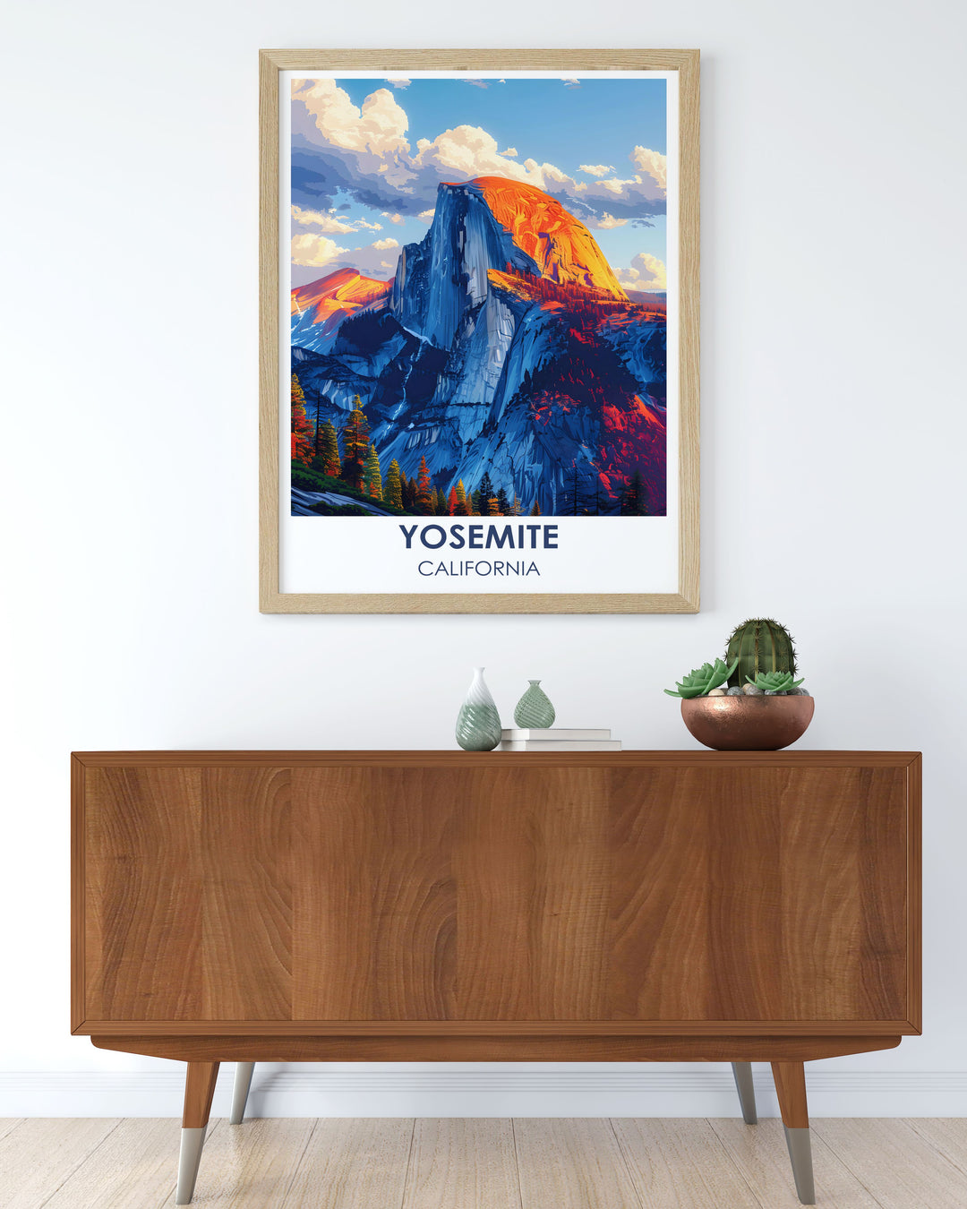 Experience the majesty of Yosemites El Capitan with this travel poster, depicting the massive granite cliff in stunning detail, ideal for enhancing your home decor with a touch of the great outdoors.