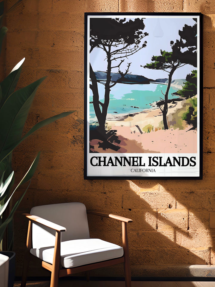 Stunning Santa Cruz Island, Painted Cave sea cave artwork highlighting the vibrant colors and detailed designs of Channel Islands National Park ideal for travel lovers and retro wall art collectors.