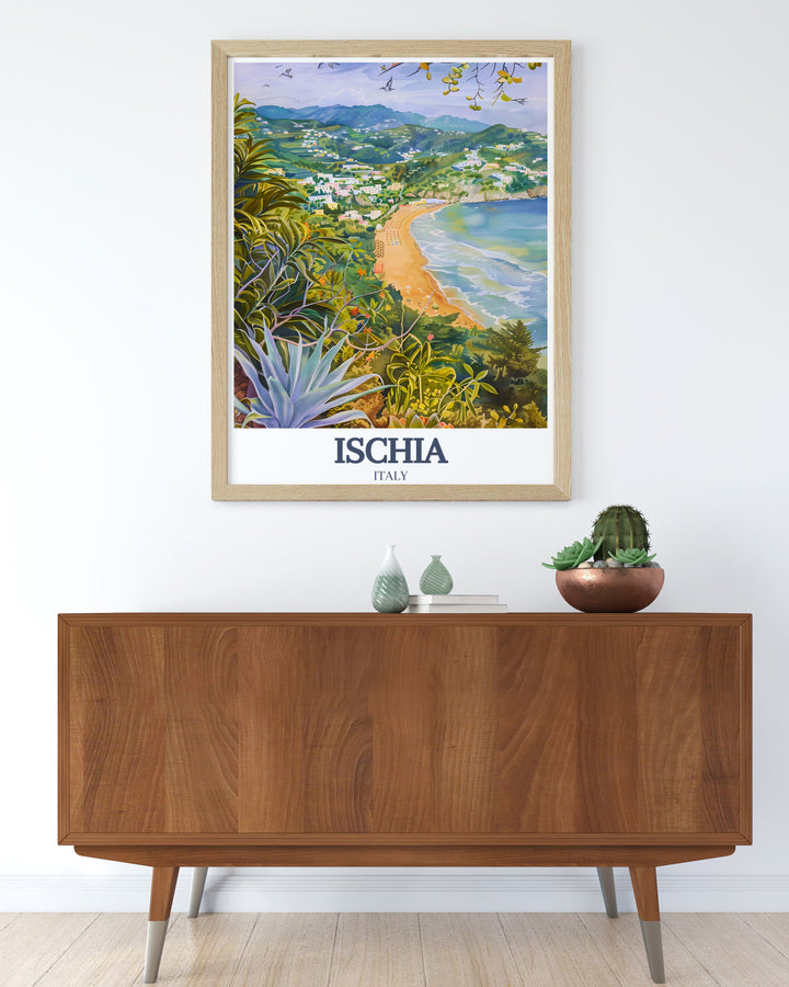 Ischia travel print featuring the famous Ischias Gardens and Maronti Beach, bringing the islands rich nature and coastal charm into your home. The colorful artwork is ideal for gifts, anniversaries, or birthdays, and serves as a beautiful addition to your décor.