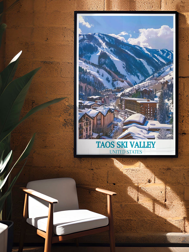 Showcase the alpine splendor of Taos Ski Valley with this travel poster, perfect for adding a touch of New Mexicos winter magic to your home decor.