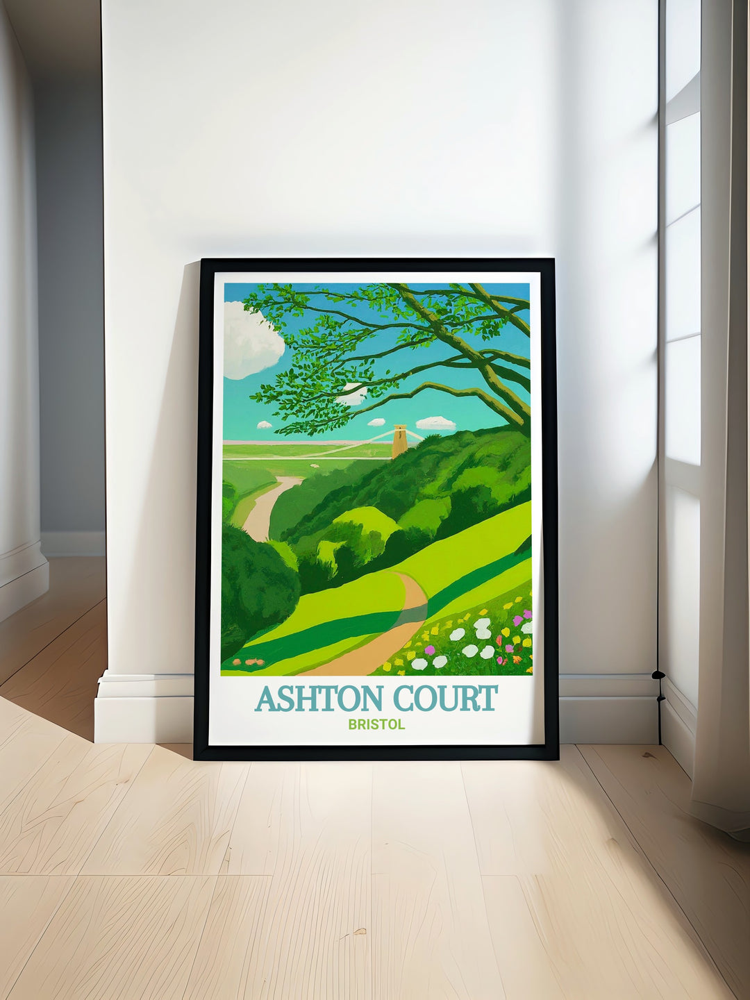 Ashton Court Mountain Biking Travel Poster featuring vibrant artwork of Bristols iconic MTB trails paired with Leigh Woods stunning prints. Perfect for cycling enthusiasts and nature lovers looking to add adventure and tranquility to their home decor.