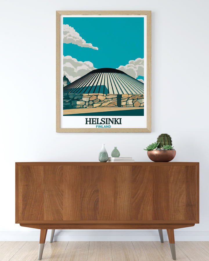 This Finland canvas art focuses on the impressive Temppeliaukio Church in Helsinki, a unique landmark known for its integration into natural rock. The travel poster combines Finlands architectural innovation with Scandinavian minimalism, ideal for home décor.