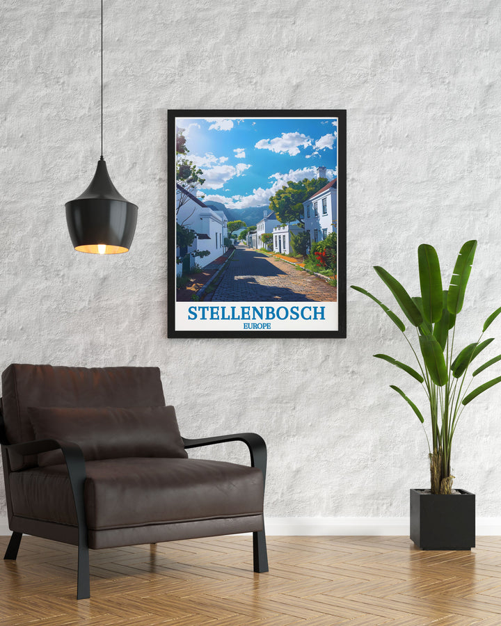 Celebrate the stunning scenery of Dorp Street in Stellenbosch with this detailed art print, showcasing the streets historic buildings and vibrant atmosphere.