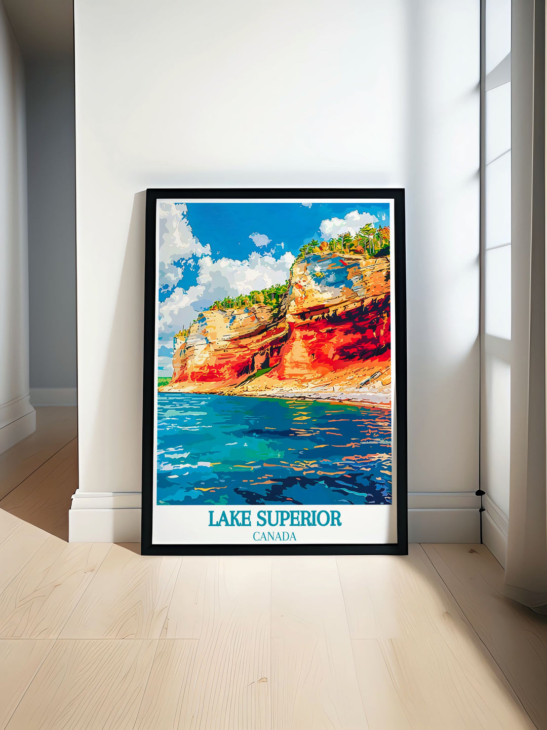 A detailed travel poster of Lake Superior, showcasing its vast and serene waters, perfect for enhancing any home decor with natural beauty and tranquility.