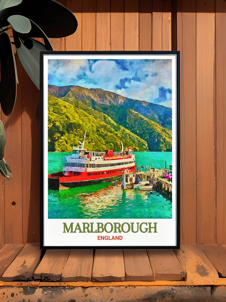 New Zealand travel poster featuring the picturesque town of Picton in Marlborough. Ideal for adding a touch of New Zealands charm to your decor. This print captures the essence of Pictons bustling harbor and serene landscapes.