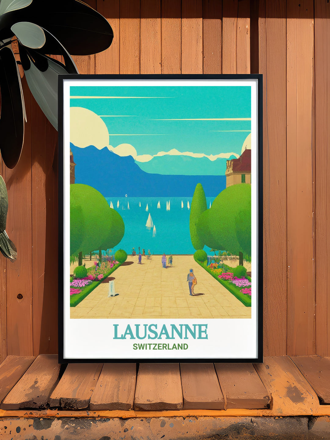 Celebrate the charm of Lausanne with this wall art that brings the tranquil atmosphere of the Ouchy Promenade into your home, a perfect representation of Switzerlands peaceful lakeside scenery.