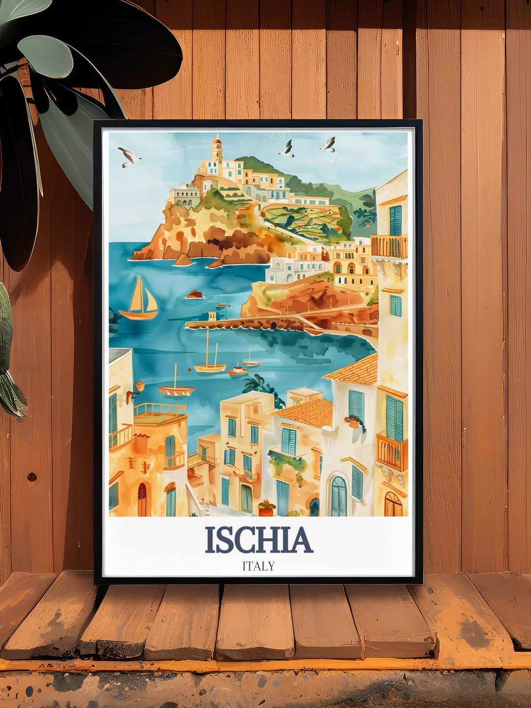 This Ischia art print captures the islands serene beauty, showcasing the historic Ischia Ponte and the vibrant village of SantAngelo. Perfect for home décor or gifting to friends who love Mediterranean travel, this travel poster is a beautiful addition to any space.