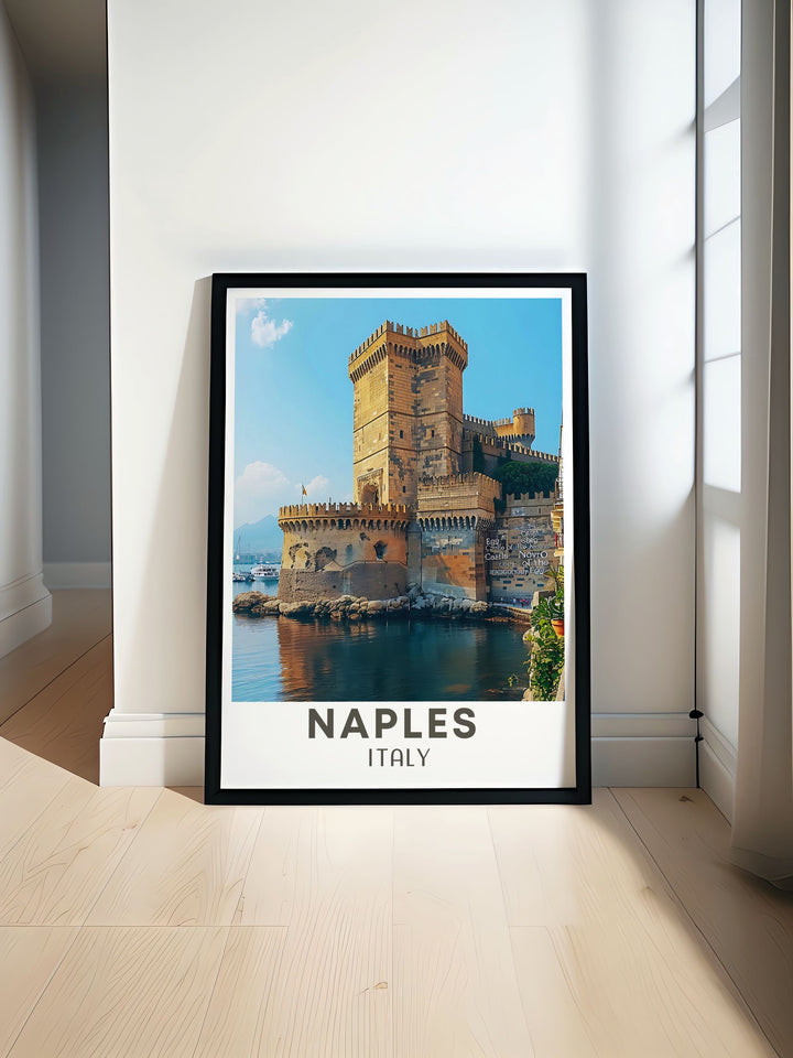 NAPLES Print showcasing the vibrant life of Naples Italy with the iconic Castel dell Ovo in the background. Perfect for home decor and travel enthusiasts. A beautiful addition to any art collection celebrating Italian charm and history.
