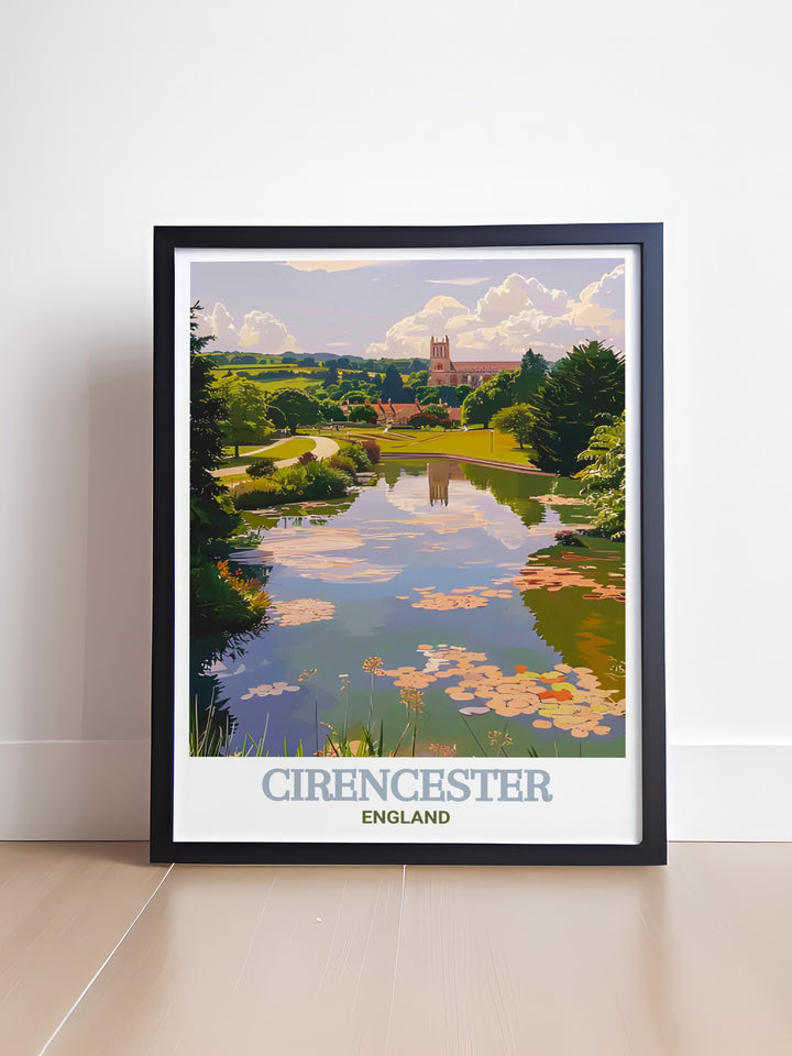 Enhance your home decor with this travel poster of Cirencesters Abbey Grounds, a perfect blend of history and natural beauty, making it a must have for fans of English landscapes and heritage.